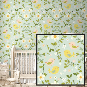Schattigee Springtime Flowers & Birds op Soft Gree Behang