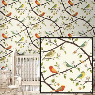 Schattigee Springtime Rode Groene Vogels op Cream Behang