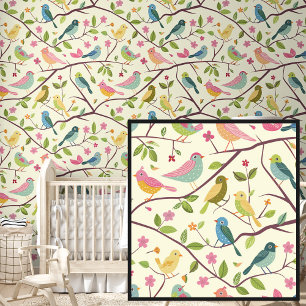Schattigee Springtime Roze Geel Vogels op Cream Behang