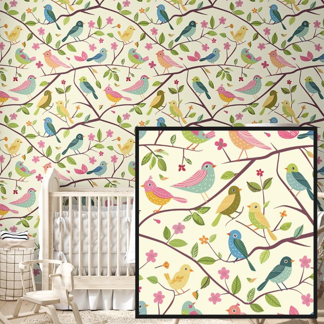 Schattigee Springtime Roze Geel Vogels op Cream Behang (Creator heeft geüpload)