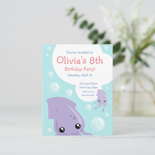 Schattigee Squid verjaardagsuitnodiging Kaart (Staand voorkant)