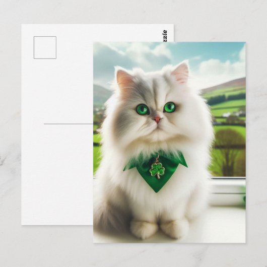 Schattigee St. Patricks Day Cat Fluffy White Cat Briefkaart (Voorkant / Achterkant)