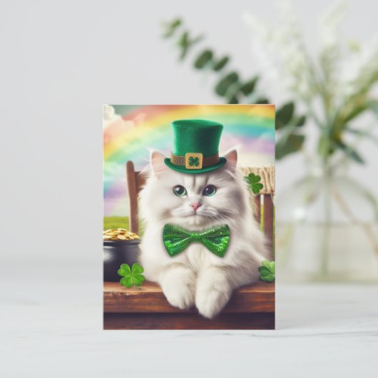 Schattigee St. Patricks Day Cat Regenboogpot van G Briefkaart (Staand voorkant)