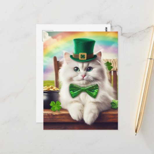 Schattigee St. Patricks Day Cat Regenboogpot van G Briefkaart (Voorkant / Achterkant in situ)