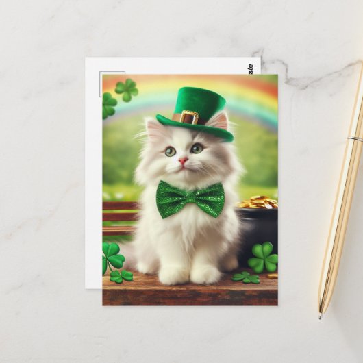 Schattigee St. Patricks Day Kitten Regenboogpot va Briefkaart (Voorkant / Achterkant in situ)