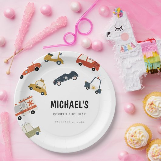 Schattigee Stadsauto's Vervoer Verjaardagspapier B Papieren Bordje (Feest)
