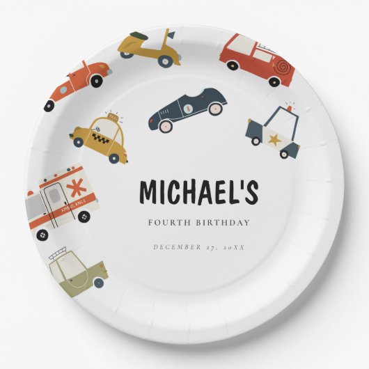 Schattigee Stadsauto's Vervoer Verjaardagspapier B Papieren Bordje (Voorkant)