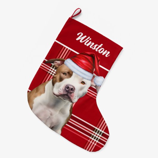 Schattigee Staffordshire Dog en Red Plaid Custom Grote Kerstsok (Voorkant (Hangend))