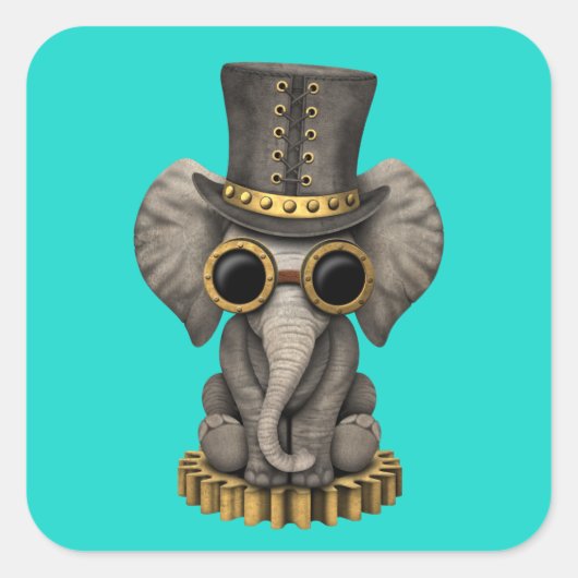 Schattigee Steampunk Baby Elephant Cub Vierkante Sticker (Voorkant)