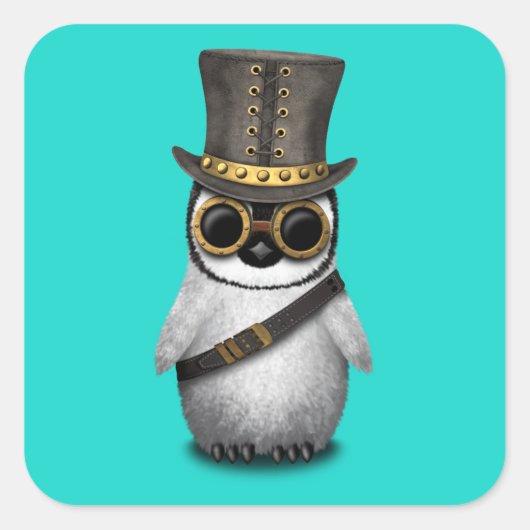 Schattigee Steampunk Baby Penguin Vierkante Sticker (Voorkant)