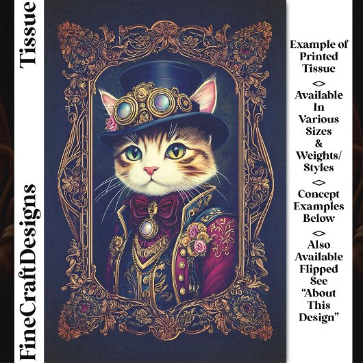 Schattigee Steampunk Cat, Top Hat, Lijst DG4LF Dec Tissuepapier