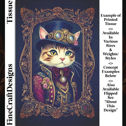 Schattigee Steampunk Cat, Top Hat, Lijst DG4RF Dec Tissuepapier