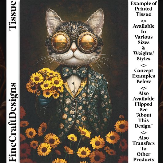 Schattigee Steampunk Cat, Yellow Flowers CY9L Deco Tissuepapier