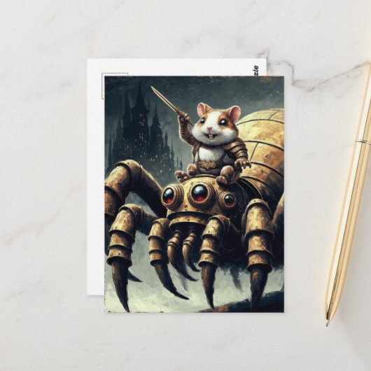 Schattigee Steampunk Hamster en Spider Briefkaart (Voorkant / Achterkant in situ)