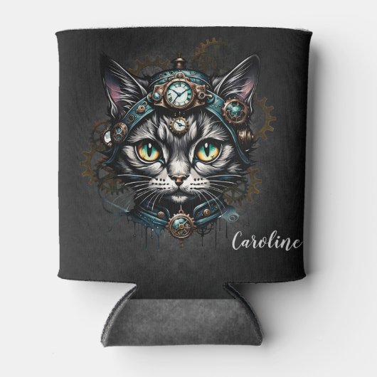 Schattigee steampunk kat met klokken en tandwielen blikjeskoeler (Voorkant)