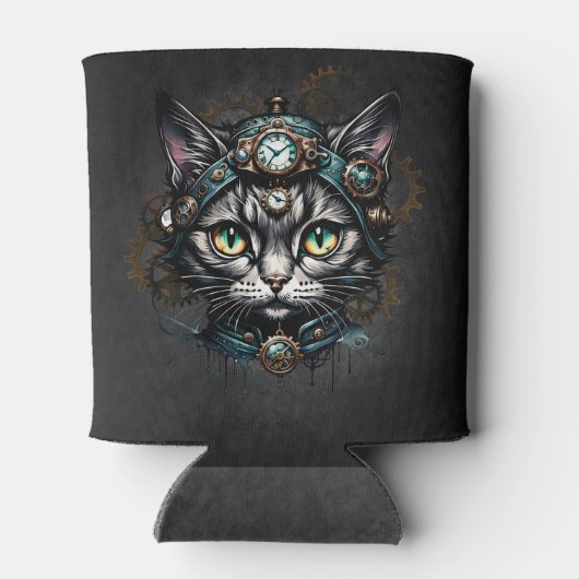 Schattigee steampunk kat met klokken en tandwielen blikjeskoeler (Achterkant)