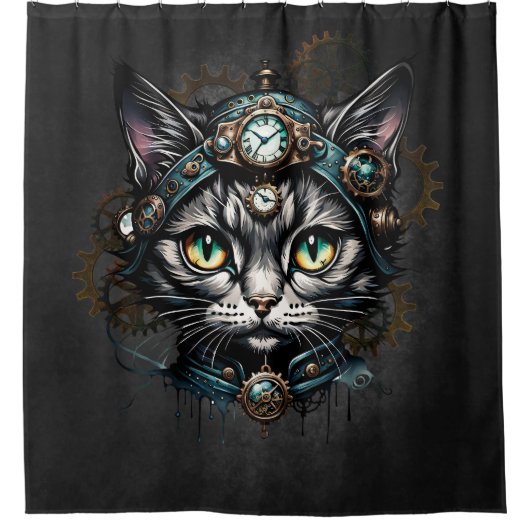 Schattigee steampunk kat met klokken en tandwielen douchegordijn (Voorkant)