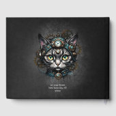 Schattigee steampunk kat met klokken en tandwielen gastenboek (Achterkant)