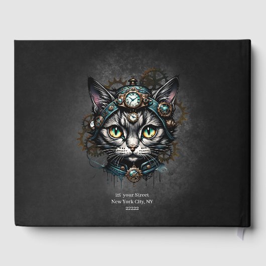 Schattigee steampunk kat met klokken en tandwielen gastenboek (Achterkant)