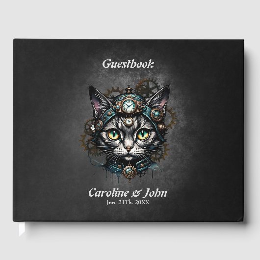 Schattigee steampunk kat met klokken en tandwielen gastenboek (Voorkant)