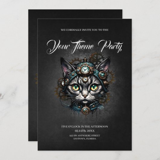 Schattigee steampunk kat met klokken en tandwielen kaart (Voorkant / Achterkant)