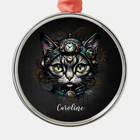 Schattigee steampunk kat met klokken en tandwielen metalen ornament (Voorkant)