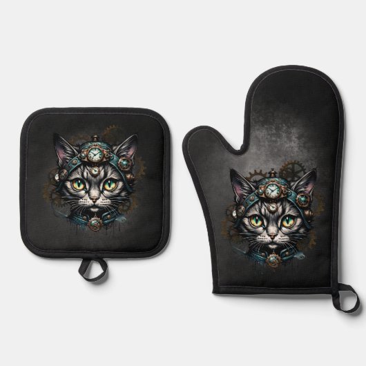 Schattigee steampunk kat met klokken en tandwielen ovenwant & pannenlap set (Voorkant)