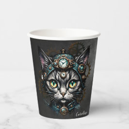 Schattigee steampunk kat met klokken en tandwielen papieren bekers