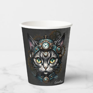 Schattigee steampunk kat met klokken en tandwielen papieren bekers