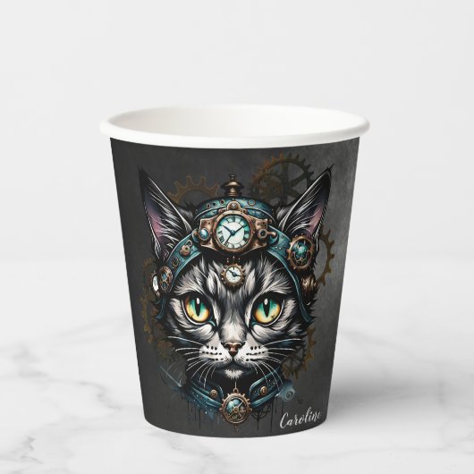 Schattigee steampunk kat met klokken en tandwielen papieren bekers (Voorkant)