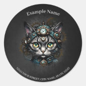 Schattigee steampunk kat met klokken en tandwielen ronde sticker (Voorkant)
