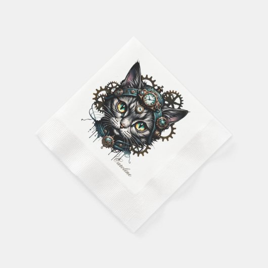 Schattigee steampunk kat met klokken en tandwielen servet (Hoek)
