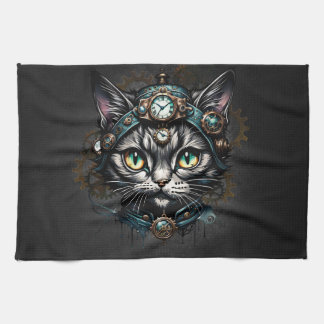 Schattigee steampunk kat met klokken en tandwielen theedoek