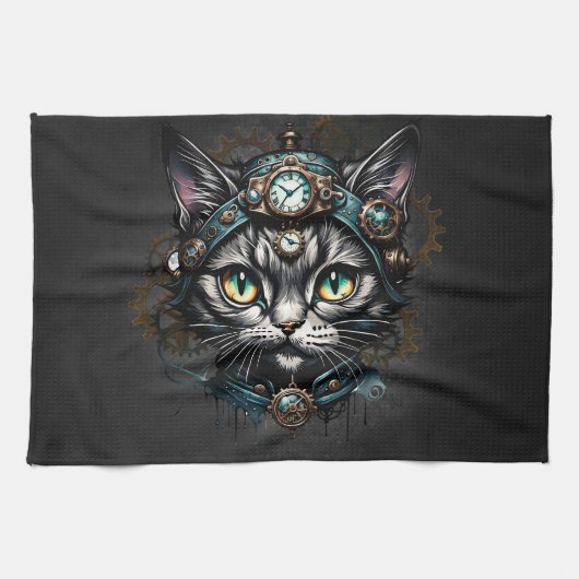 Schattigee steampunk kat met klokken en tandwielen theedoek (Horizontaal)
