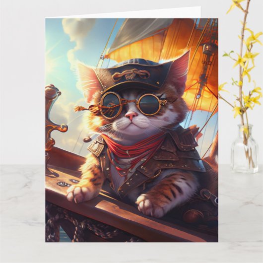 Schattigee Steampunk Pirate Cat Kaart (Gele Bloem)