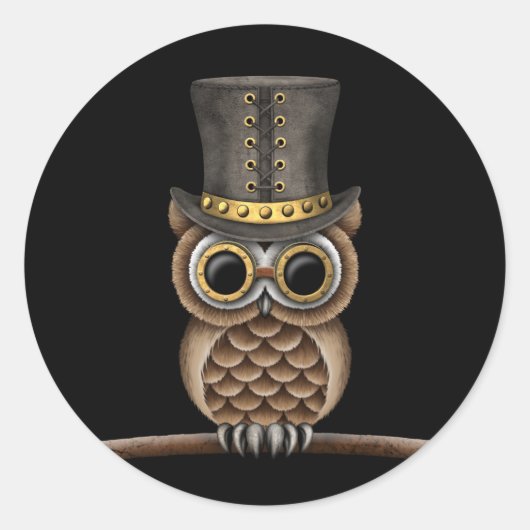 Schattigee Steampunk Uil op een Tak op Zwart Ronde Sticker (Voorkant)