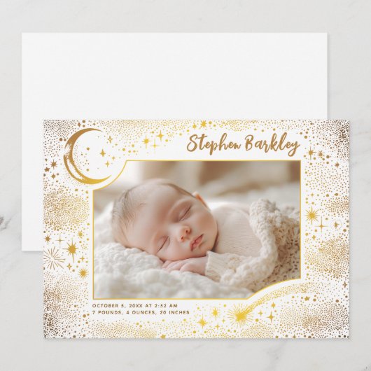 Schattigee sterren maan hemelse pasgeboren foto ge aankondiging (Voorkant / Achterkant)