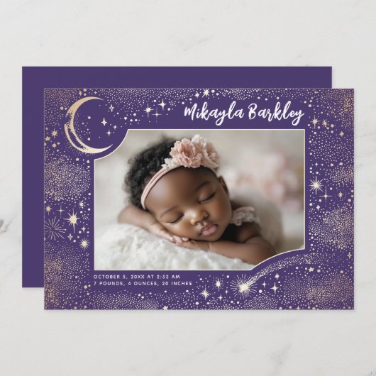 Schattigee sterren maan hemelse pasgeboren foto ge aankondiging (Voorkant / Achterkant)