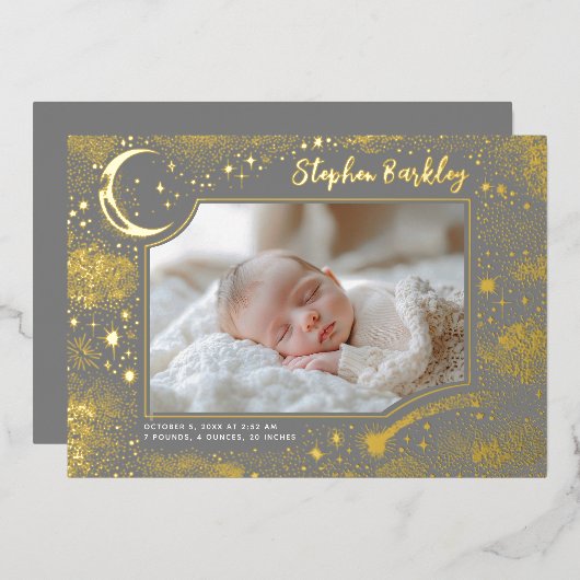 Schattigee sterren maan hemelse pasgeboren foto ge folie uitnodiging (Voorkant / Achterkant)