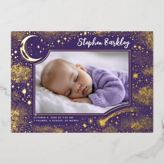 Schattigee sterren maan hemelse pasgeboren foto ge folie uitnodiging (Voorkant)