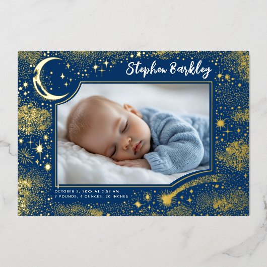 Schattigee sterren maan hemelse pasgeboren foto ge folie uitnodiging (Voorkant)