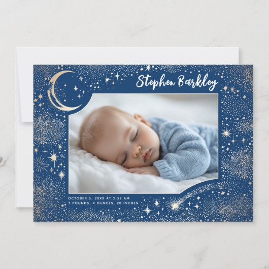 Schattigee Sterren Maan Hemelse Pasgeboren Jongen Aankondiging (Voorkant)
