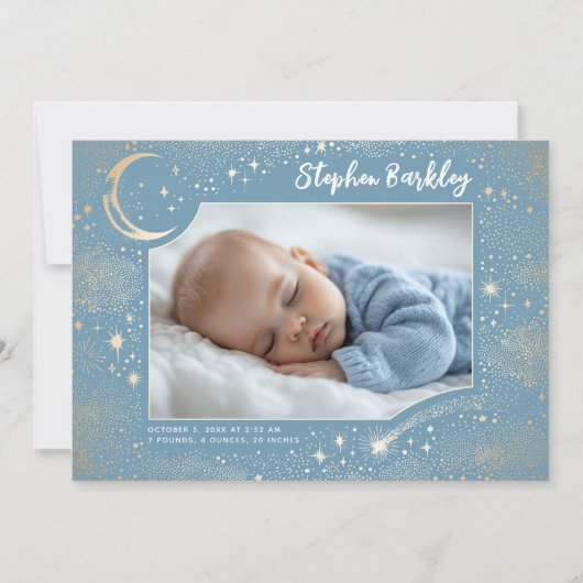 Schattigee Sterren Maan Hemelse Pasgeboren Jongen  Aankondiging (Voorkant)
