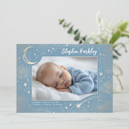 Schattigee Sterren Maan Hemelse Pasgeboren Jongen  Aankondiging (Staand voorkant)