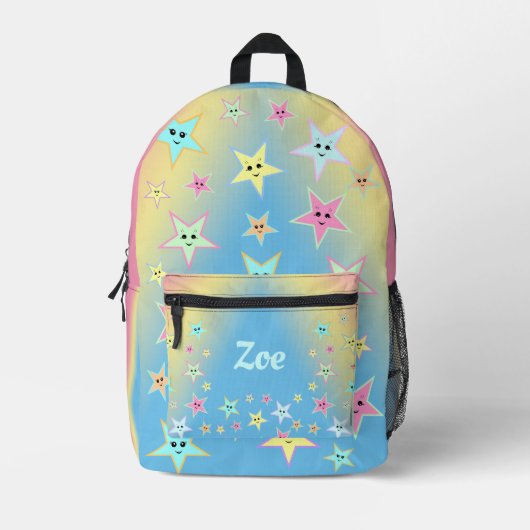 Schattigee sterren met gezichten in pastelkleuren, bedrukte rugzak (Voorkant)
