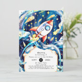 Schattigee sterren raket verjaardag kaart (Staand voorkant)