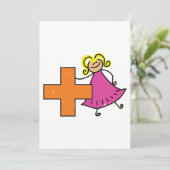 Schattigee Stick Figuur Meisje met Plus Sign Kaart (Staand voorkant)