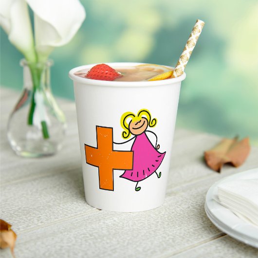 Schattigee Stick Figuur Meisje met Plus Sign Papieren Bekers