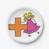 Schattigee Stick Figuur Meisje met Plus Sign Papieren Bordje (Voorkant)