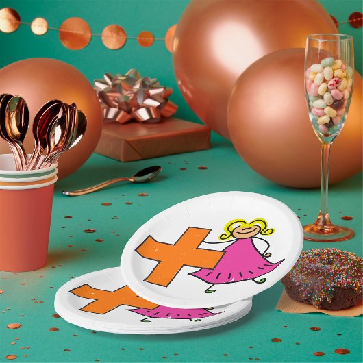 Schattigee Stick Figuur Meisje met Plus Sign Papieren Bordje